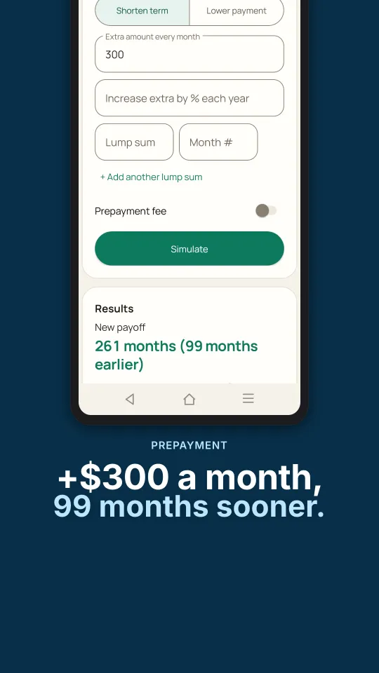 Prepayment simulator with an extra amount every month
