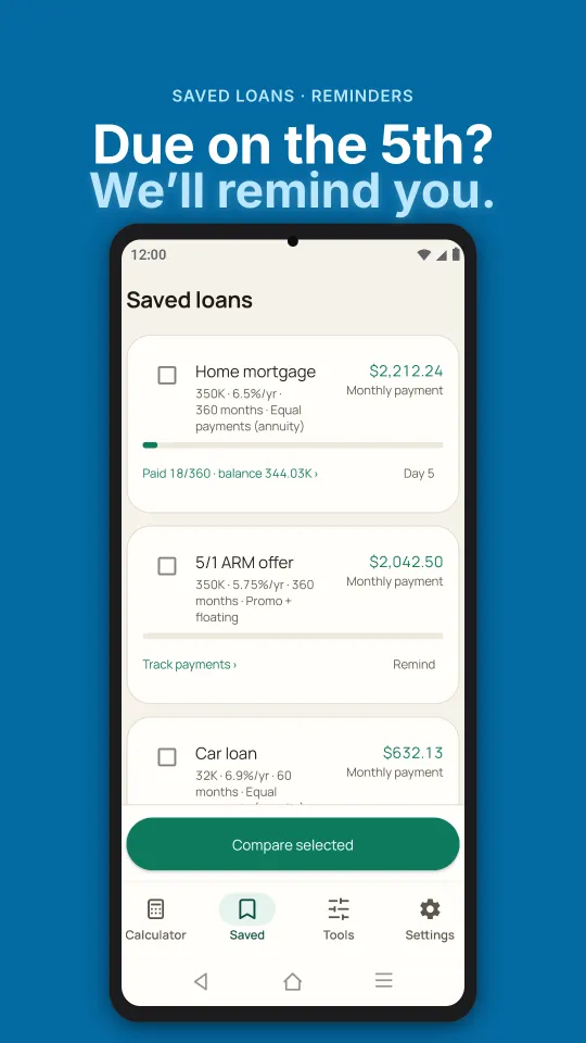 Saved loans with payment reminders